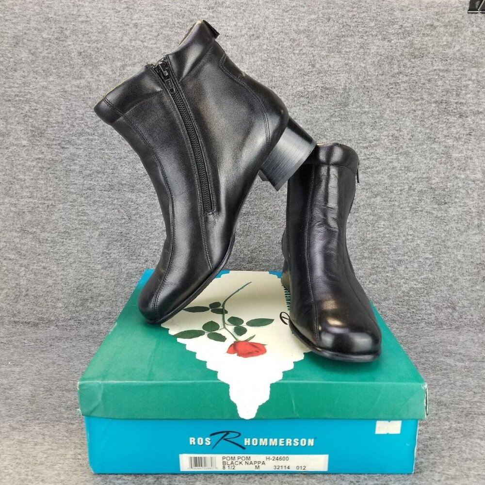 ✅ROS HOMMERSON Pom Pom Black Leather Double Sided Zip Ankle Booties Women's 8.5M